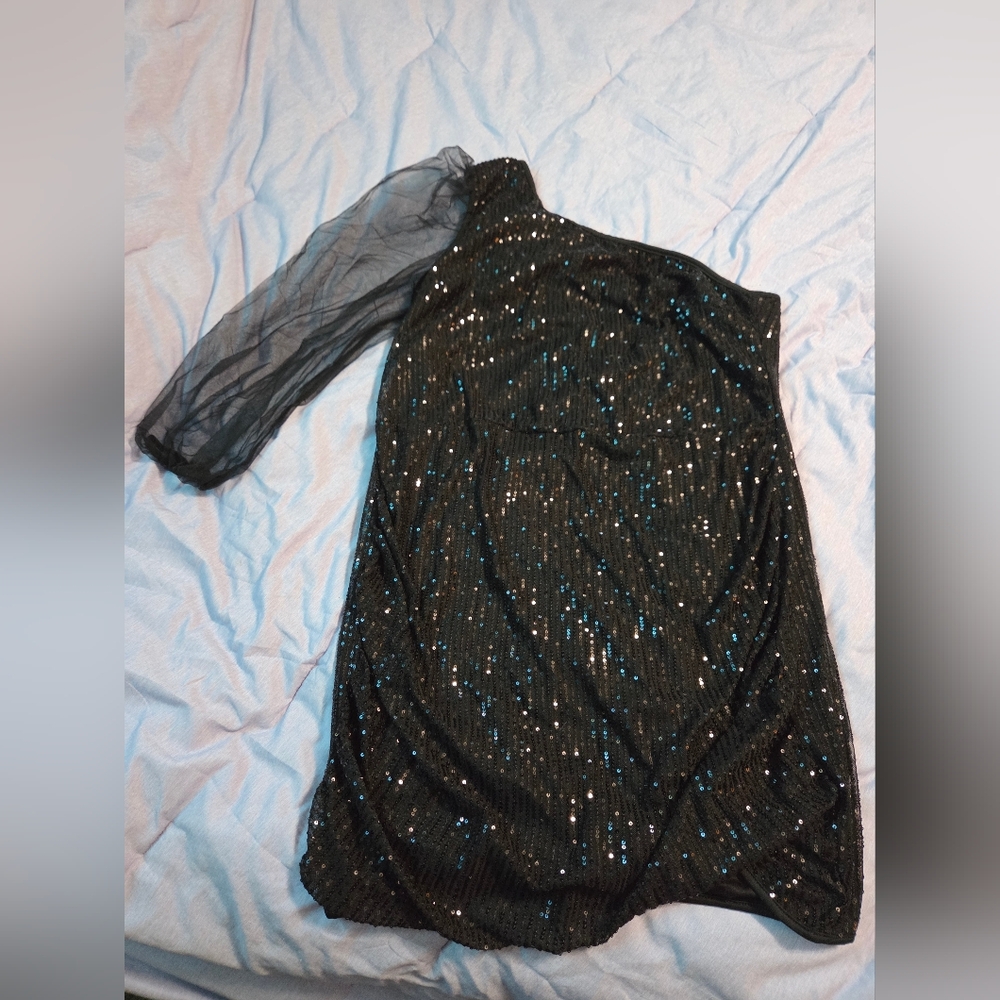 SHEIN Black Sequin One Shoulder Dress